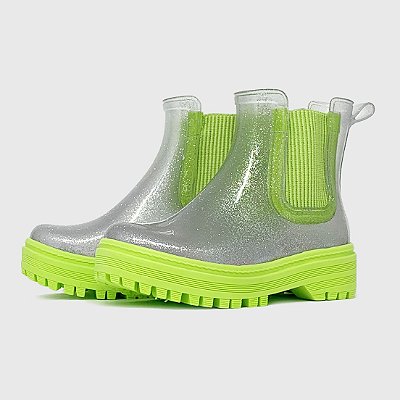 Coturno KidSplash! Jelly Glitter Prata/ Verde Lima