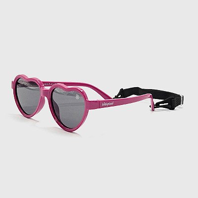 Óculos de Sol Infantil Flexível Proteção UV400 Mini Coração Fúcsia Elástico de Segurança Preto