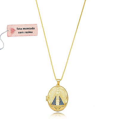 Colar relicário Virgínia medalha Nossa Senhora Aparecida semijoia banhado ouro 18k