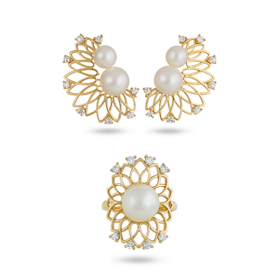 Conjunto brincos e anel com pérolas linha luxo