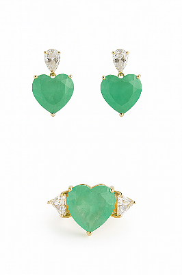 Conjunto brincos e anel coração pedra turmalina fusion