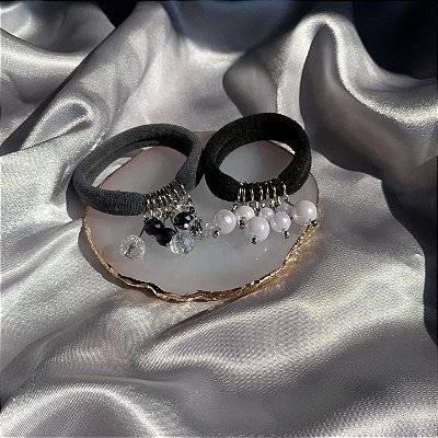 Kit Elásticos de cabelo com Pingentes de Pérolas e Cristais_Preto e Cinza