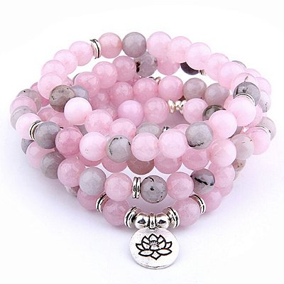 Japamala BRACELETE QUARTZO ROSA 108 contas de 8mm com FLOR DE LÓTUS