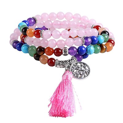 Japamala BRACELETE QUARTZO ROSA E PEDRAS dos 7 CHAKRAS  108 contas de 6mm com ÁRVORE DA VIDA