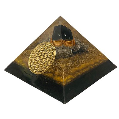 ORGONITE PIRAMIDE QUÉOPS PIRITA E TURMALINA NEGRA com FLOR DA VIDA - 10cm base x 8cm altura