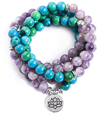 Japamala BRACELETE AMETISTA E CRISOCOLA VERDE 108 contas de 8mm com FLOR DE LÓTUS