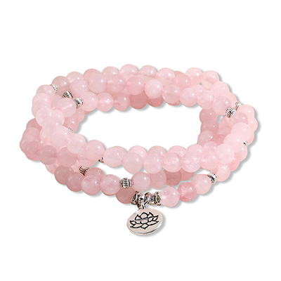 Japamala BRACELETE QUARTZO ROSA 108 contas de 8mm com Flor de Lótus