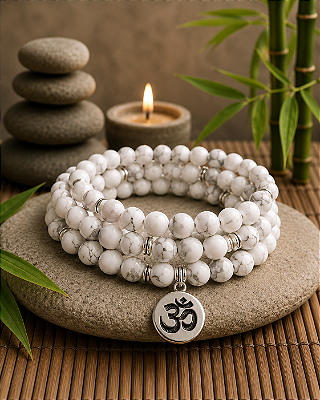 Japamala BRACELETE HOWLITA BRANCA 108 contas de 8mm com OM