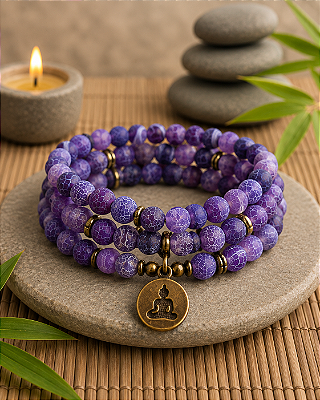 Japamala BRACELETE AMETISTA CRAQUELADA 108 contas de 8mm com BUDA BRONZE