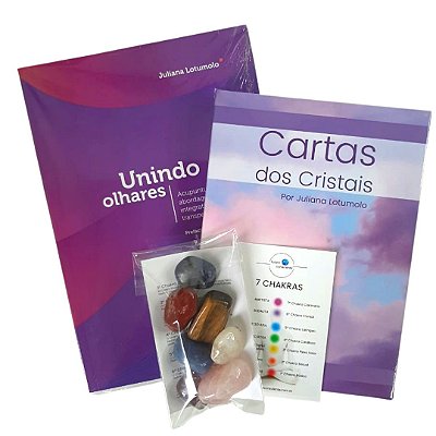 "KIT CONHECIMENTO ENERGÉTICO" - Livro Unindo Olhares, Cartas dos Cristais e Pedras 7 Chakras M de 2 a 4 cm