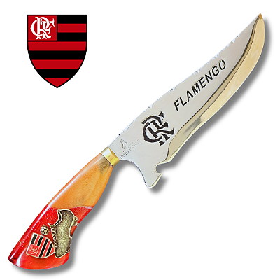 Faca Picanheira Artesanal de Churrasco do Flamengo  10" Aço inox 420c 4mm Espessura Cabo Madeira nobre e Resina - Personalizada