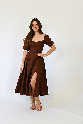 VESTIDO LINHO MIDI CHIARA MARROM /Limited Edition/