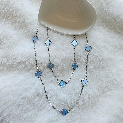 Conjunto Trevo Pedra Azul Ródio Branco Inspiração Van Cleef