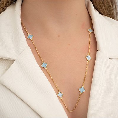 Colar Longo Trevos Azuis Inspiração Van Cleef