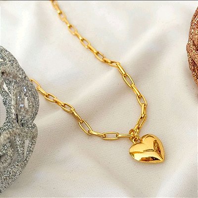 Colar Corrente Pingente Coração Bojudo