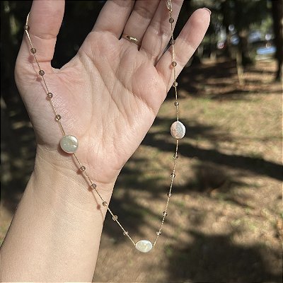 Colar pérolas moeda e Quartzo fumê
