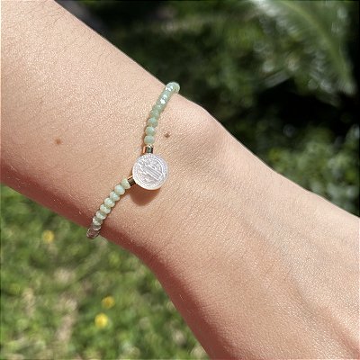 Pulseira silicone cristais verde claros e São Bento de madrepérola