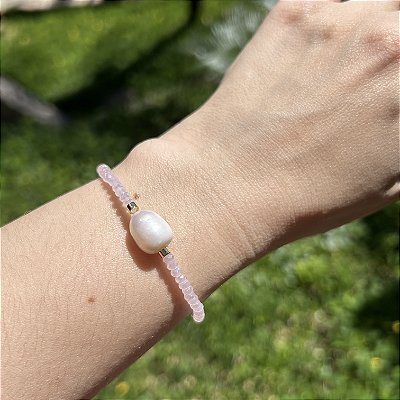 Pulseira silicone cristais rosa e pérola arroz
