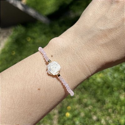 Pulseira silicone cristais rosa e rosinha de madrepérola