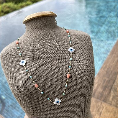 Colar Turquesa, Coral e olhinho grego em formato de trevo