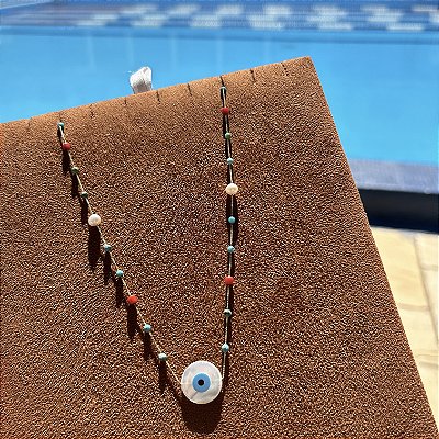 Colar Turquesa, Coral, Pérolas batata e Olho Grego