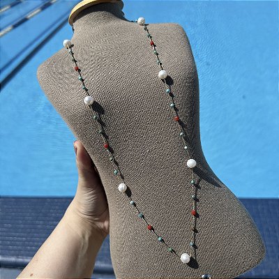 Colar lonfo Turquesa, Coral e pérolas batata