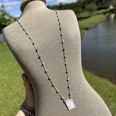 Colar longo Turquesas com medalha Espírito Santo de madrepérola