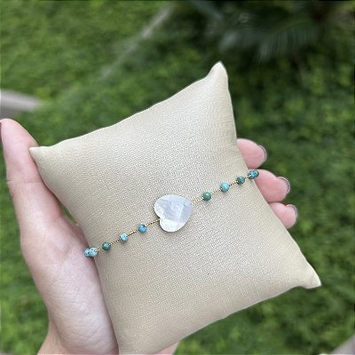 Pulseira turquesa e coração de madrepérola