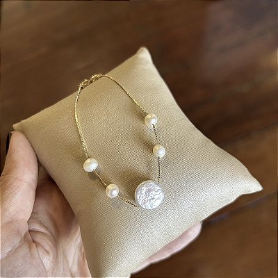 Pulseira pérola moeda e pérolas batata naturais