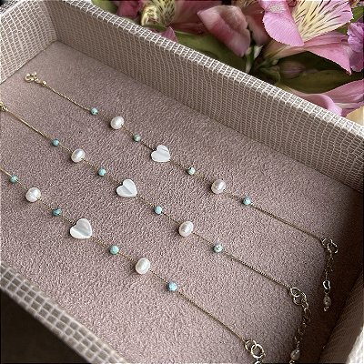 Pulseira coração de madrepérola, Turquesas e pérolas batata