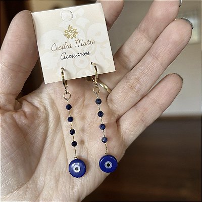 Brinco banho ouro sodalita e olho grego azul marinho
