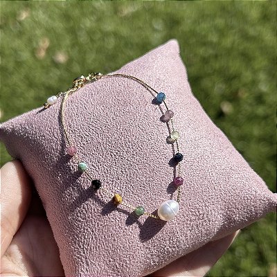 Pulseira pedras naturais e pérola arroz