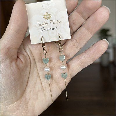 Brinco corações Amazonita e pérola batata