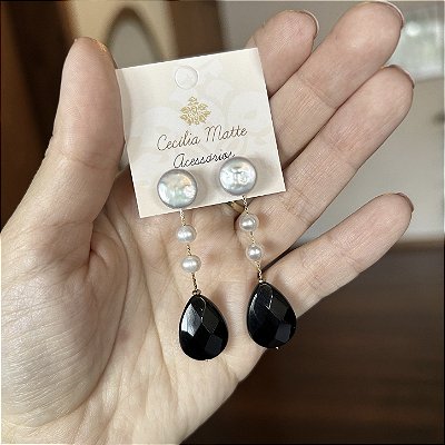 Brinco gota Ágata negra com base destacável