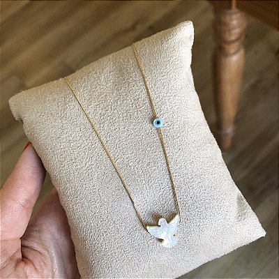 Colar espirito santo de madrepérola e mini olho grego