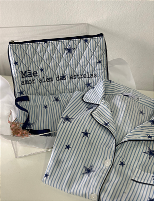 Dia das mães - Kit Pijama Estrelado Curto + Necessaire bordada