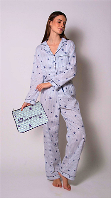 Kit dia das mães Pijama Estrelado Longo + Necessaire bordada