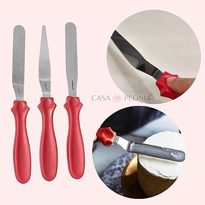 Kit Confeiteiro Espátulas Para Confeitar em Inox Vermelho - 3 Peças