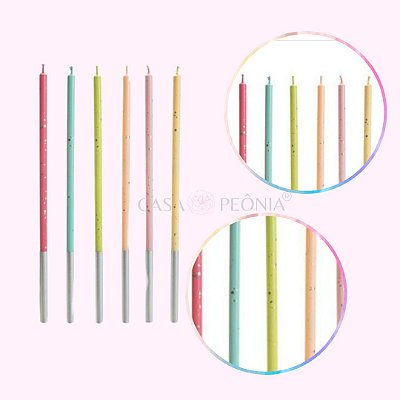 Vela de Aniversário Colorida Arco Íris Com Dourado Palito - 6 Unidades