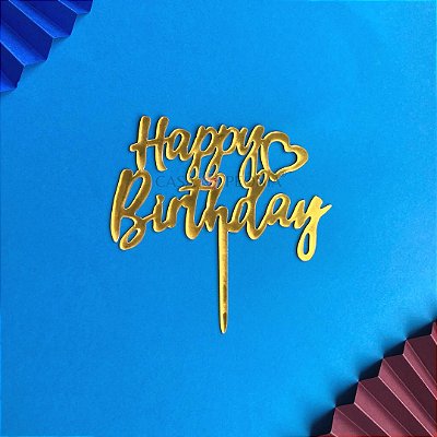 Topo de Bolo Dourado Coração Metalizado Happy Birthday - 1 Unidade