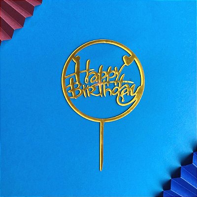 Topo de Bolo Dourado Redondo Coração Metalizado Happy Birthday - 1 Unidade
