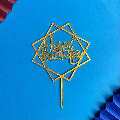 Topo de Bolo Dourado Quadrado Estrela Metalizado Happy Birthday - 1 Unidade