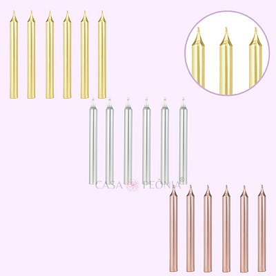 Vela de Aniversário Palito Pequena Metalizada - 6 Unidades