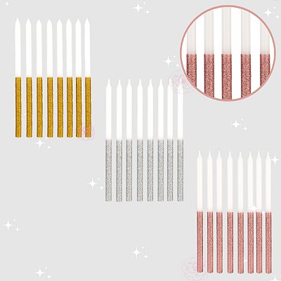 Vela de Aniversário Palito Branca com Glitter - 8 Unidades