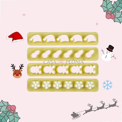 Kit Cortador Réguas Mini Natal 2 Gorro Boneco de Neve Rena Floco de Neve - 4 Peças