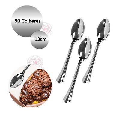 50 Colheres Sobremesa Prata Prateada Clássica Descartável - 13cm