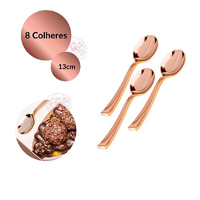 8 Colheres Sobremesa Rosê Gold Premium Descartável - 13cm