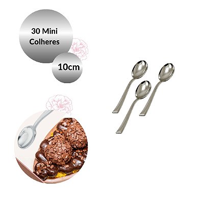 30 Mini Colheres Sobremesa Prata Prateadas Descartáveis - 10cm