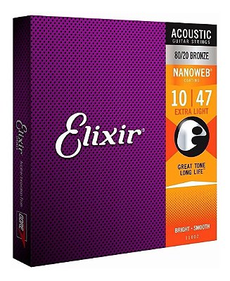 Jogo De Cordas Para Violão De Aço Elixir 010 Nanoweb Bronze 80/20