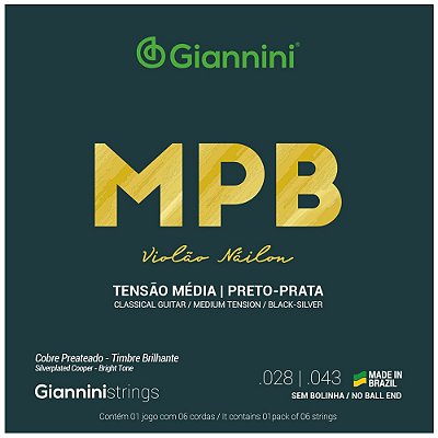 Jogos De Cordas Violão Nylon Giannini Tensão Média MPB Preto-Prata